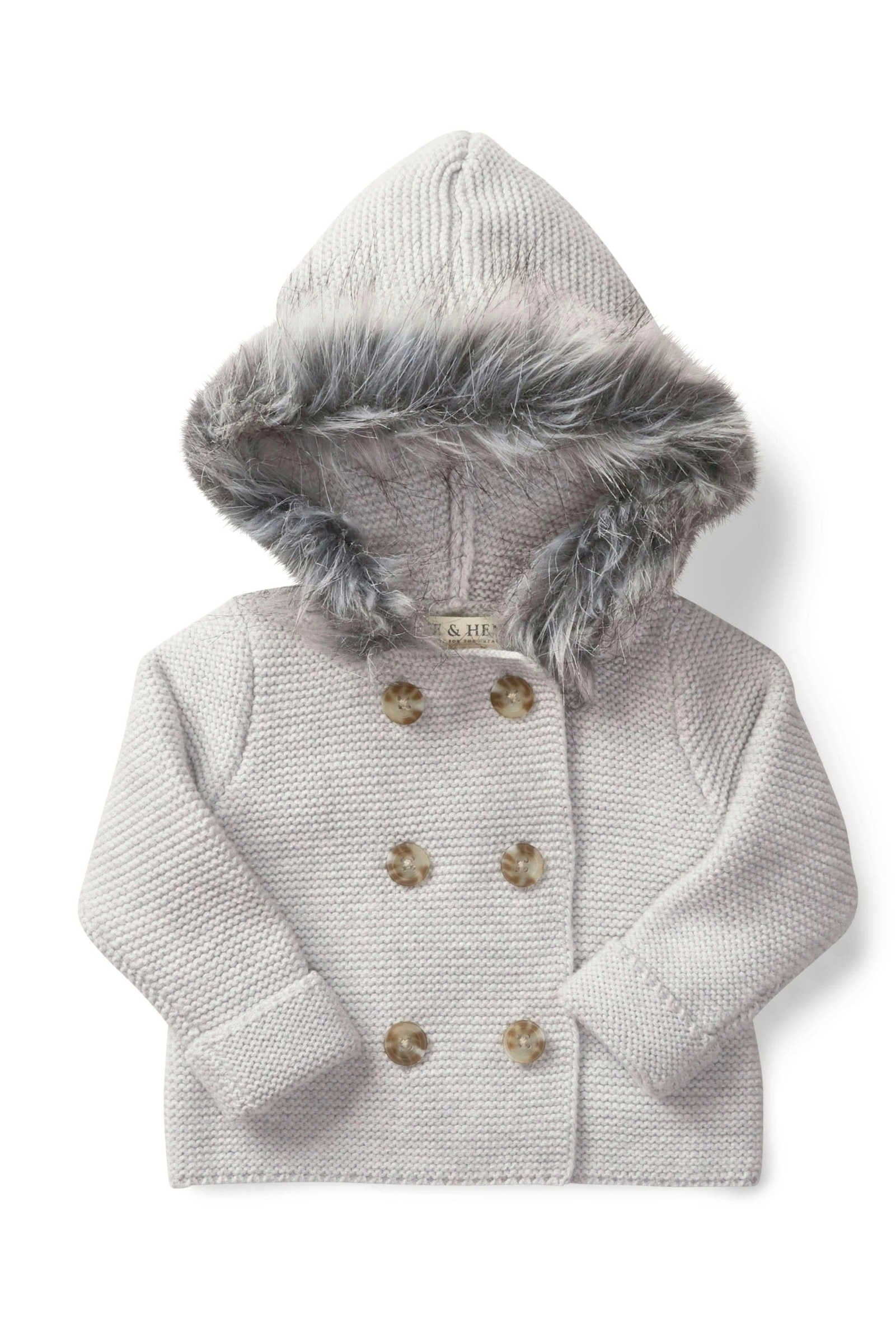 Organic Cotton Faux Fur Hooded Sweater, Light Gray, Baby