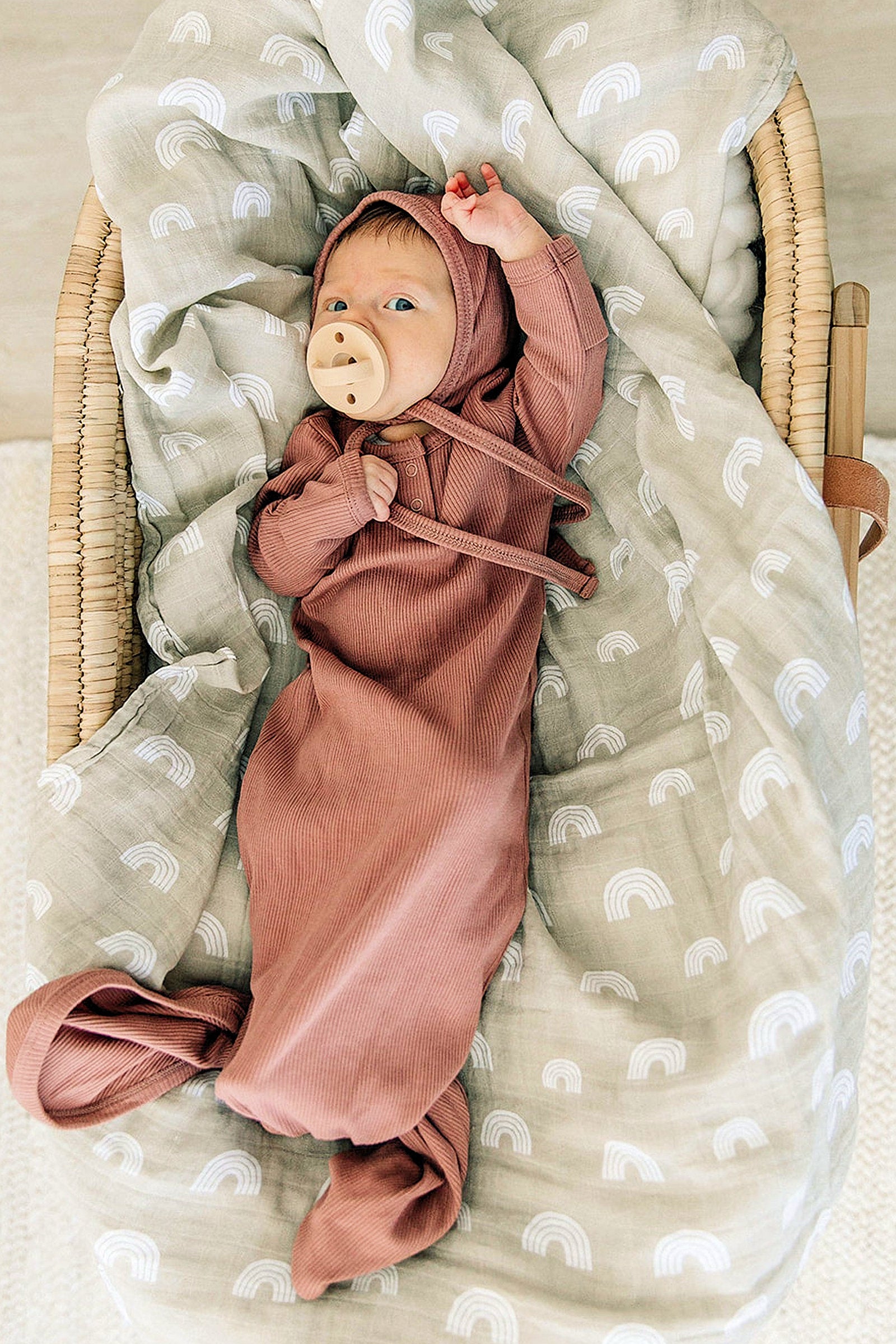 Dusty Rose Ribbed Knot Gown, Baby Essentials, Organic Cotton