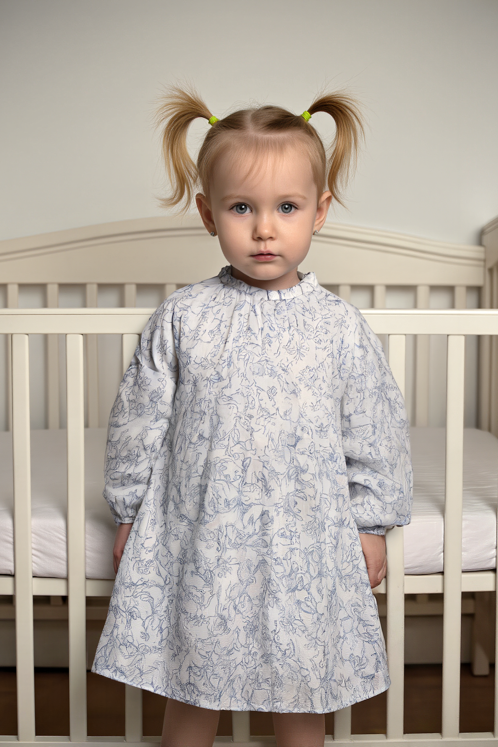 Organic Cotton Smocked Yoke Dress for Girls, White with Gray Toile Floral Print, Baby