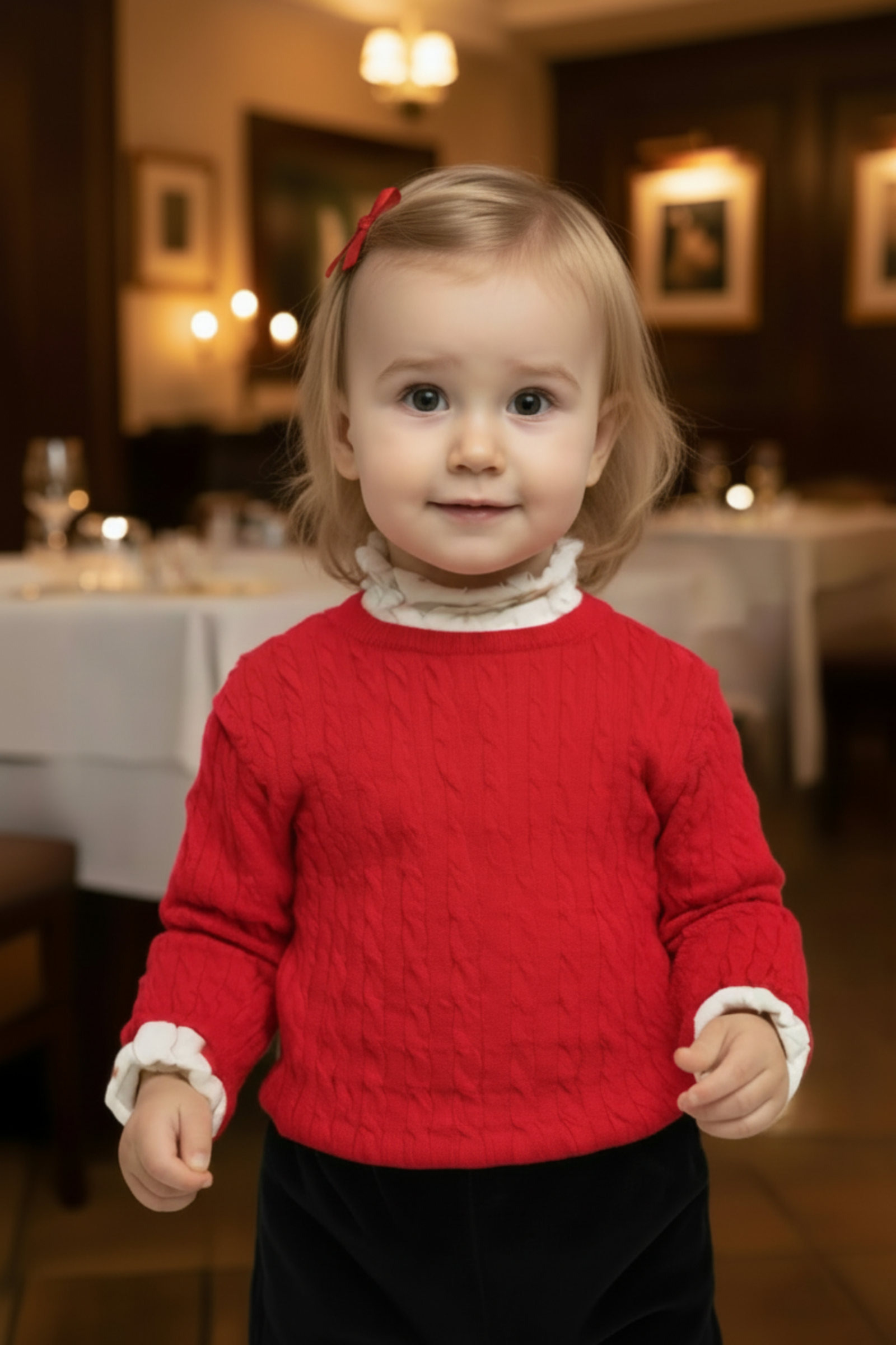 Organic Cotton Puff Sleeve Bow Sweater for Baby Girls, Red, Baby