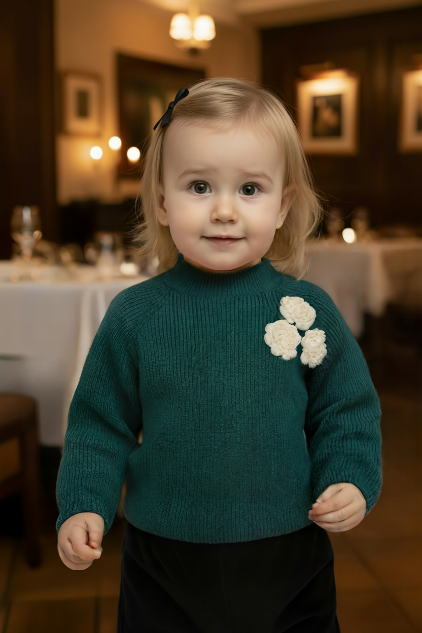 Organic Cotton Mock Neck Rosette Sweater for Girls, Green, Toddler & Kids