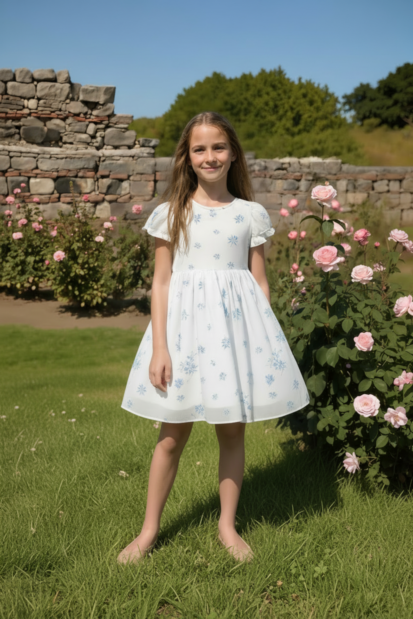 Organic Cotton Puff Sleeve Sateen Dress for Girls, Delft Floral, Sizes 2T-12