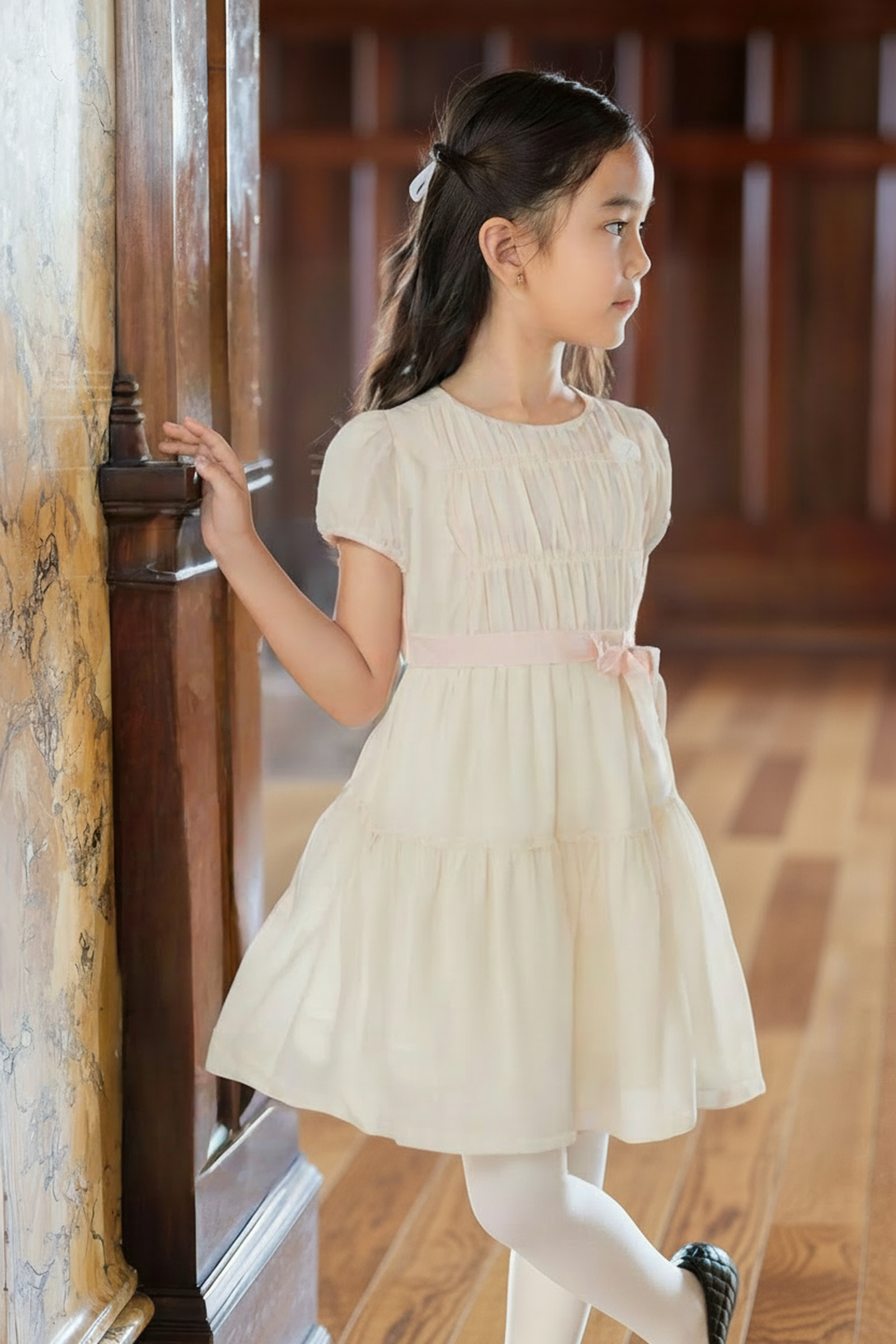 Organic Cotton Puff Sleeve Tiered Party Dress for Girls, Natural with Pink, Sizes 2T-12