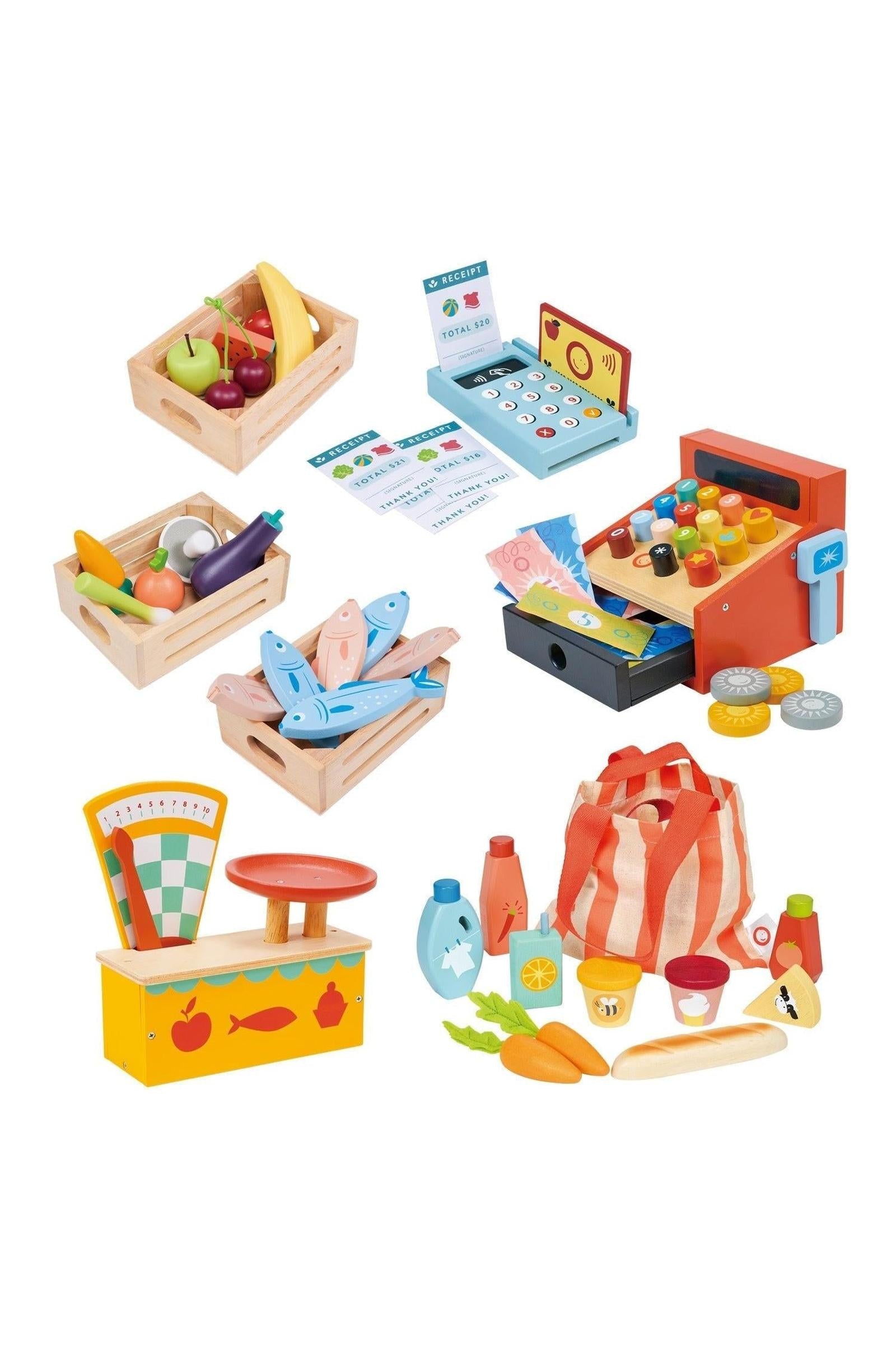 Mentari Wooden Pretend market Day Play Set, Weighing Scales, Cash Register, Card Reader, Groceries, Toddlers