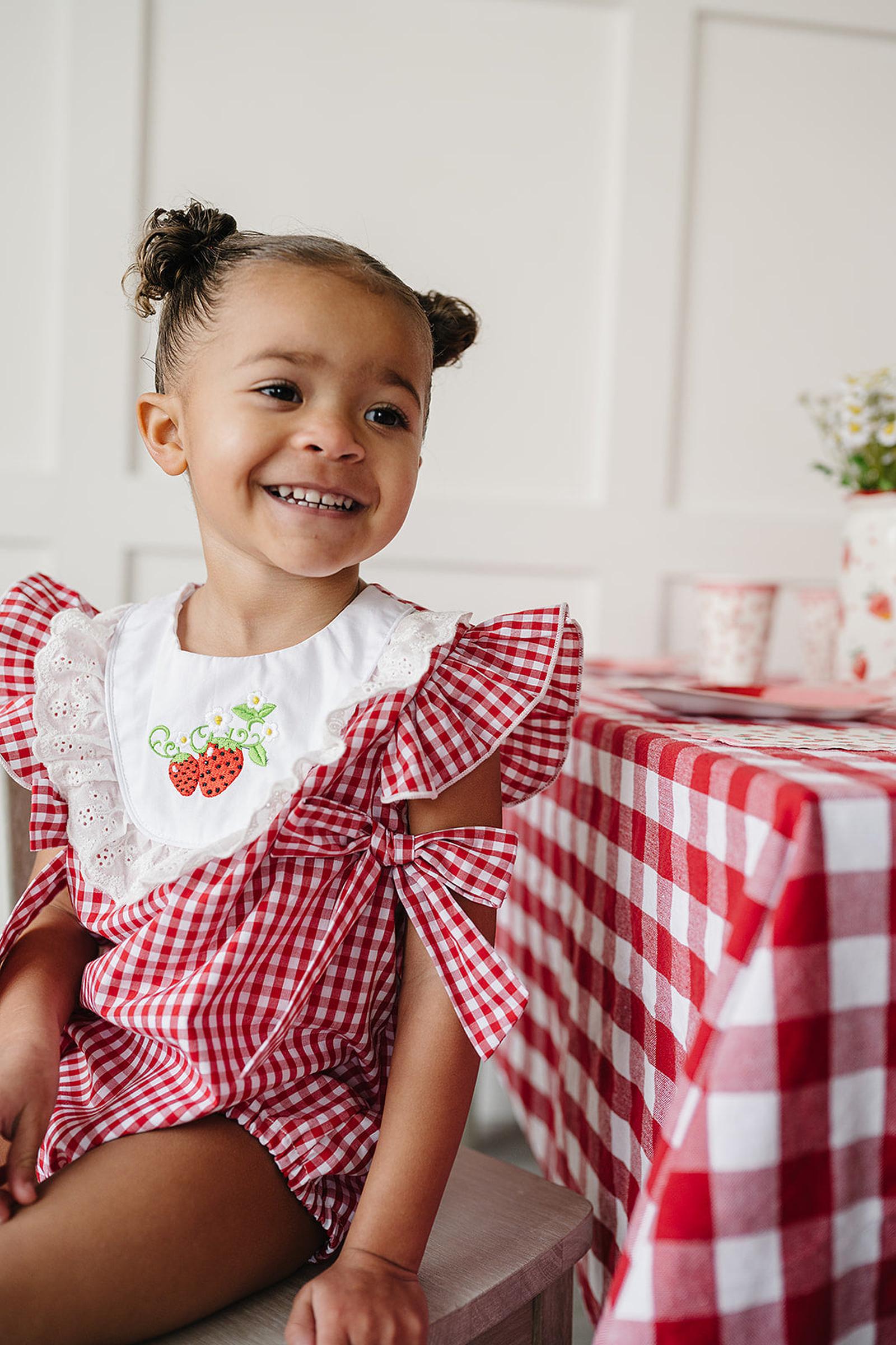 Gingham Strawberry Cotton Bubble Romper, Baby - Toddler