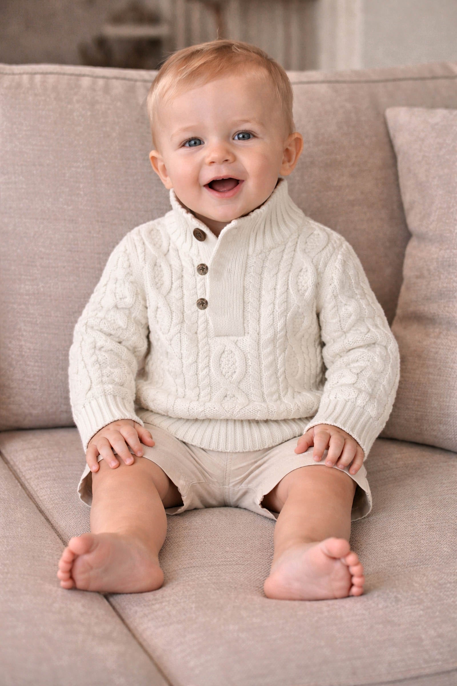 Mock Neck Organic Cotton Cable Sweater with Buttons for Baby Boys, White