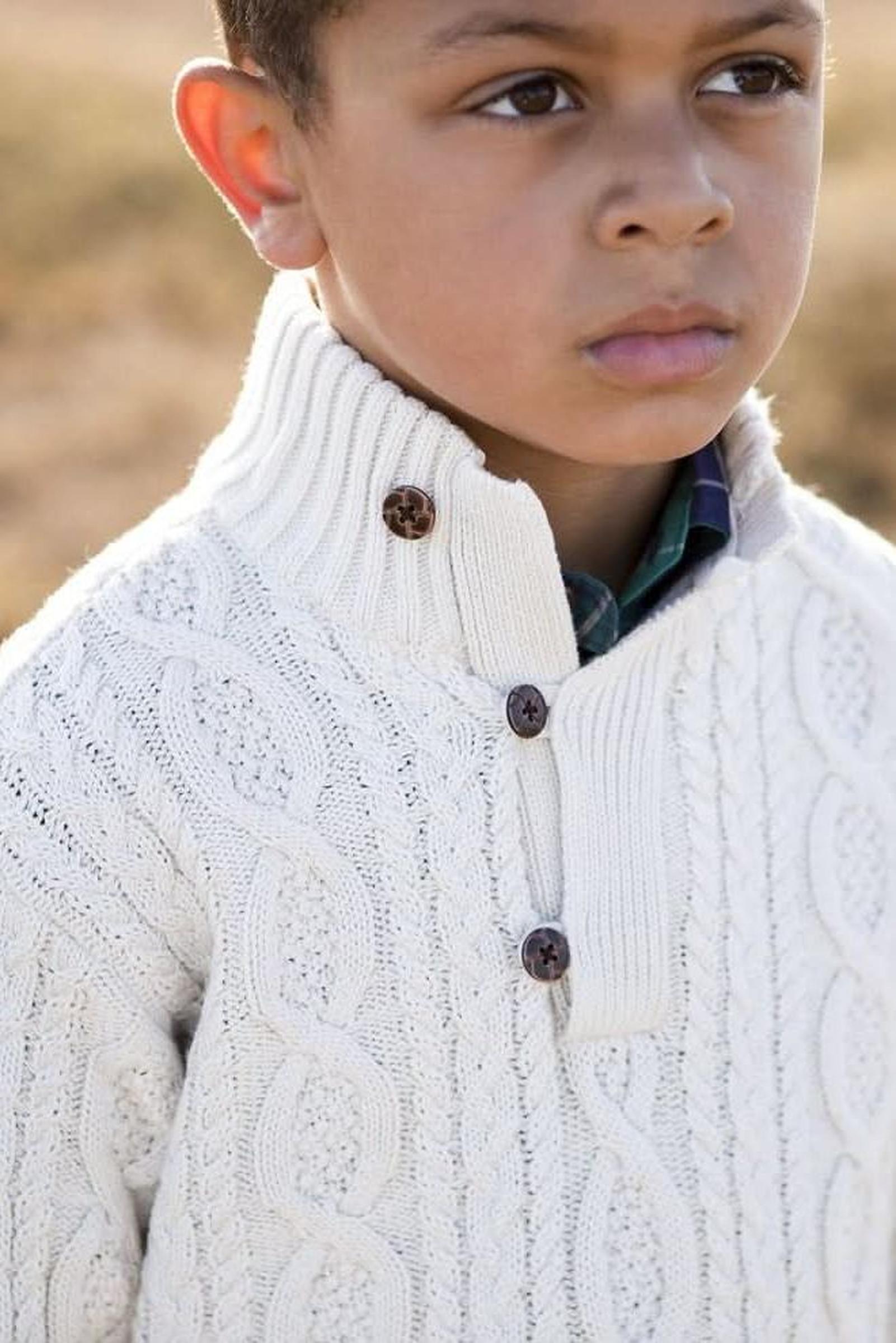 Mock Neck Organic Cotton Cable Sweater with Buttons for Baby Boys, White