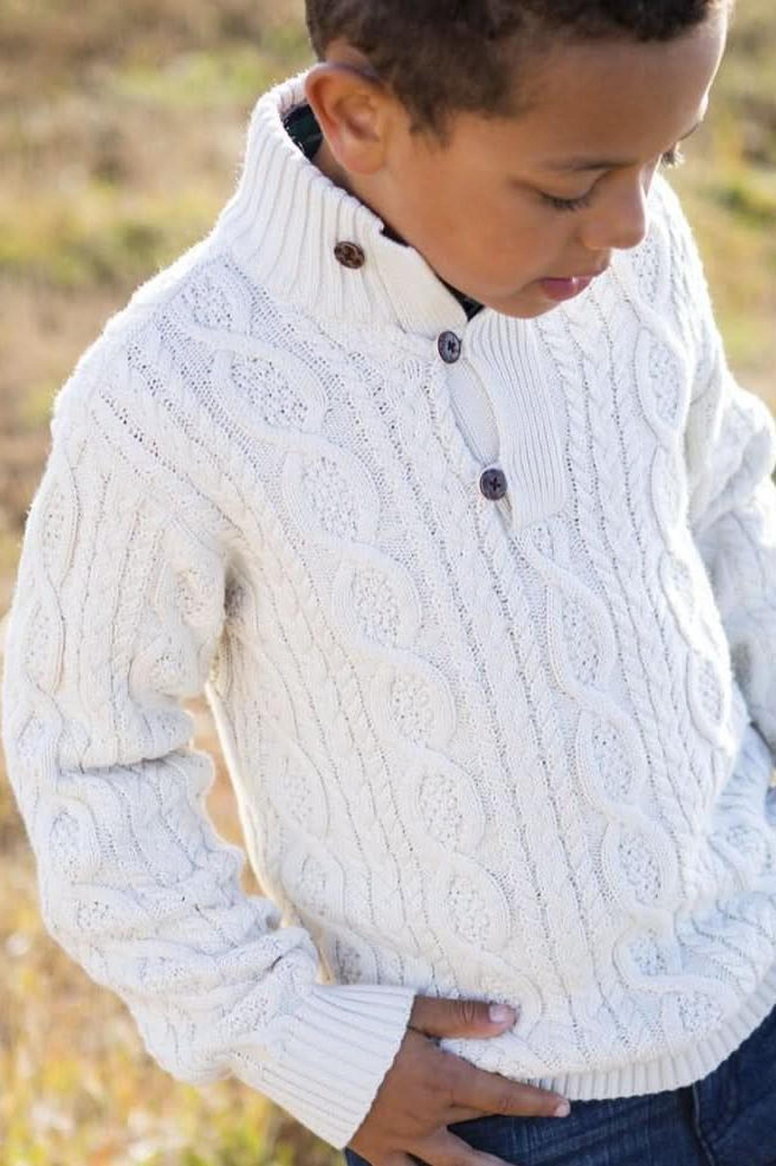 Mock Neck Organic Cotton Cable Sweater with Buttons for Baby Boys, White
