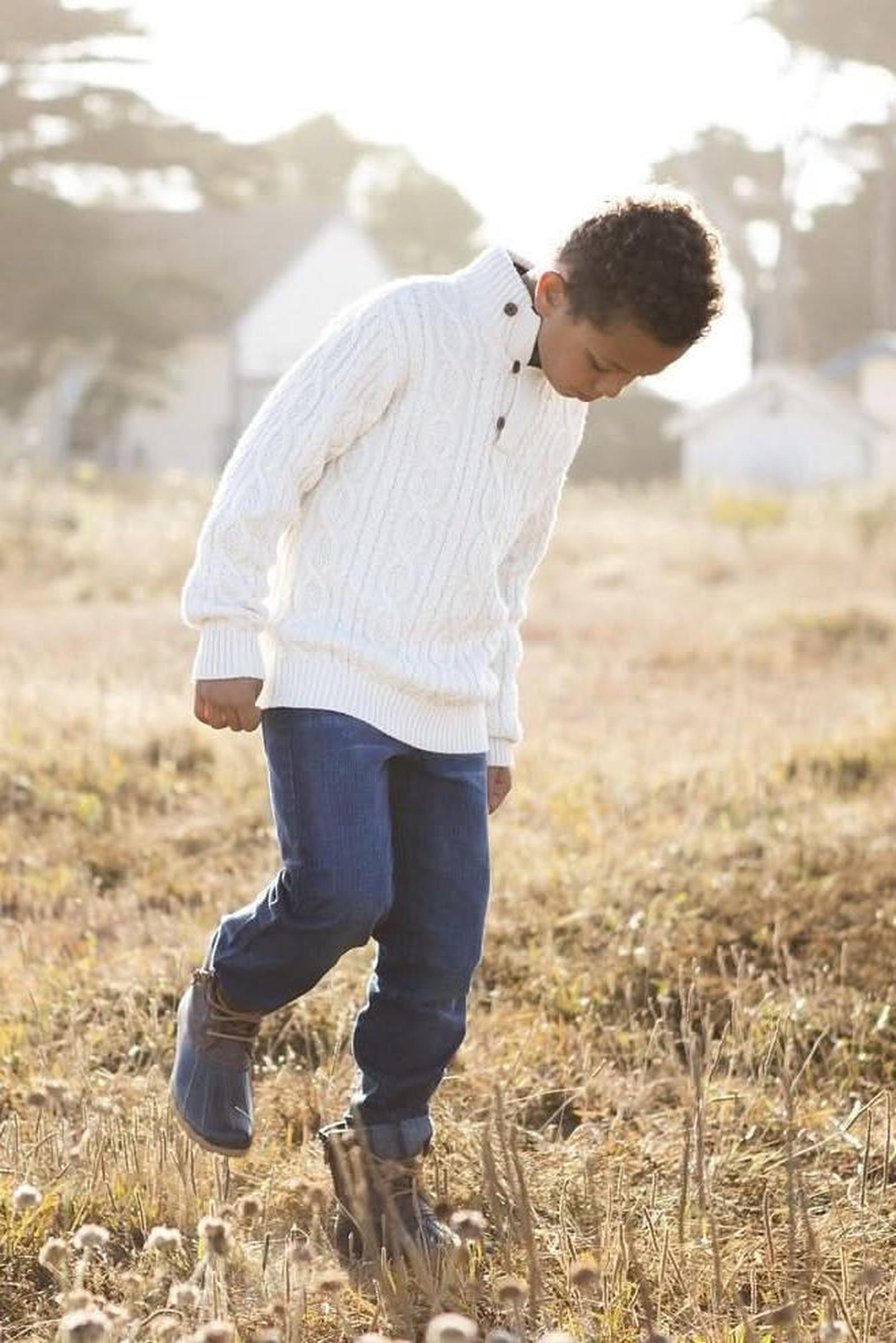 Mock Neck Organic Cotton Cable Sweater with Buttons for Baby Boys, White