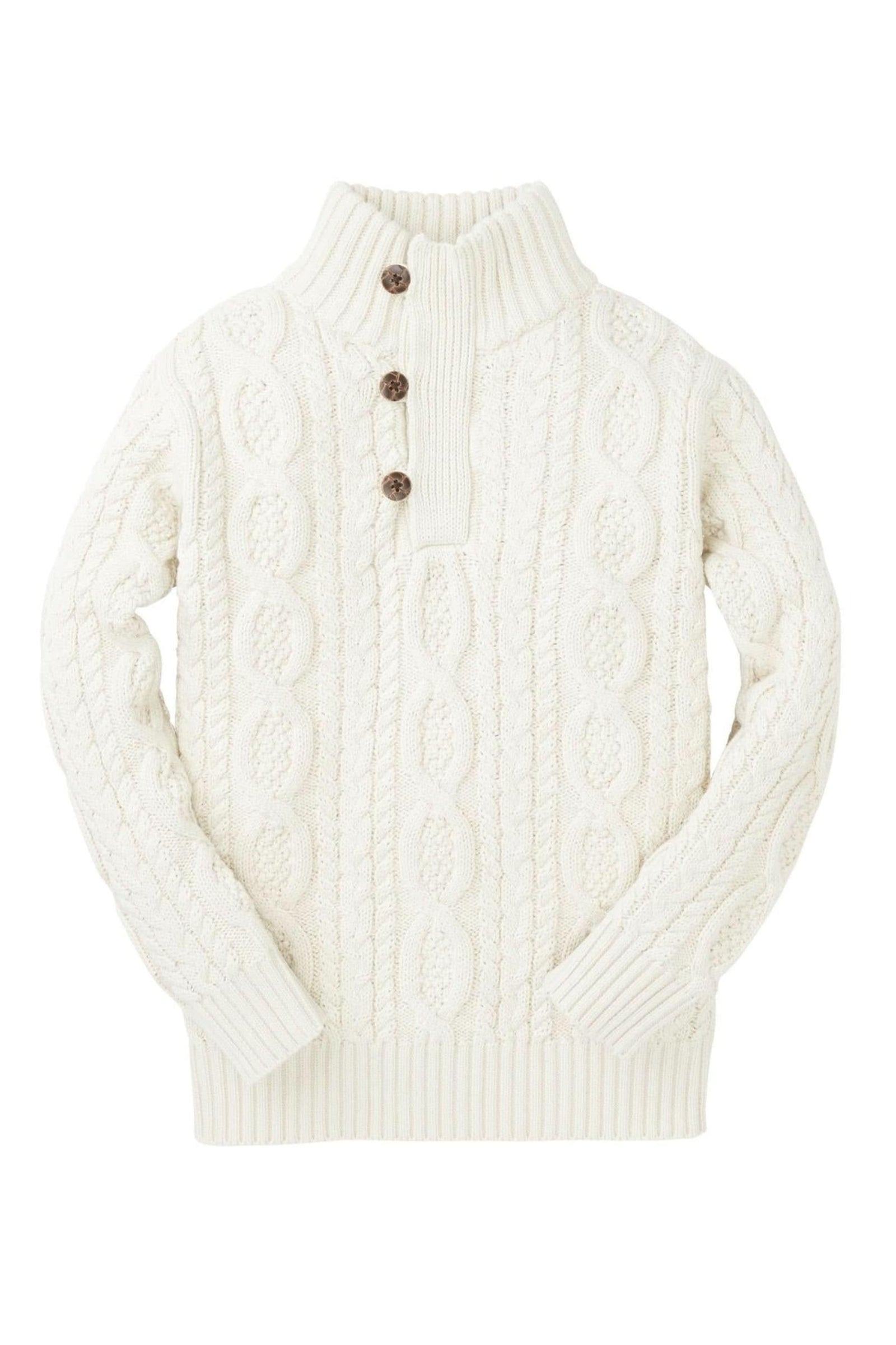 Mock Neck Organic Cotton Cable Sweater with Buttons for Baby Boys, White