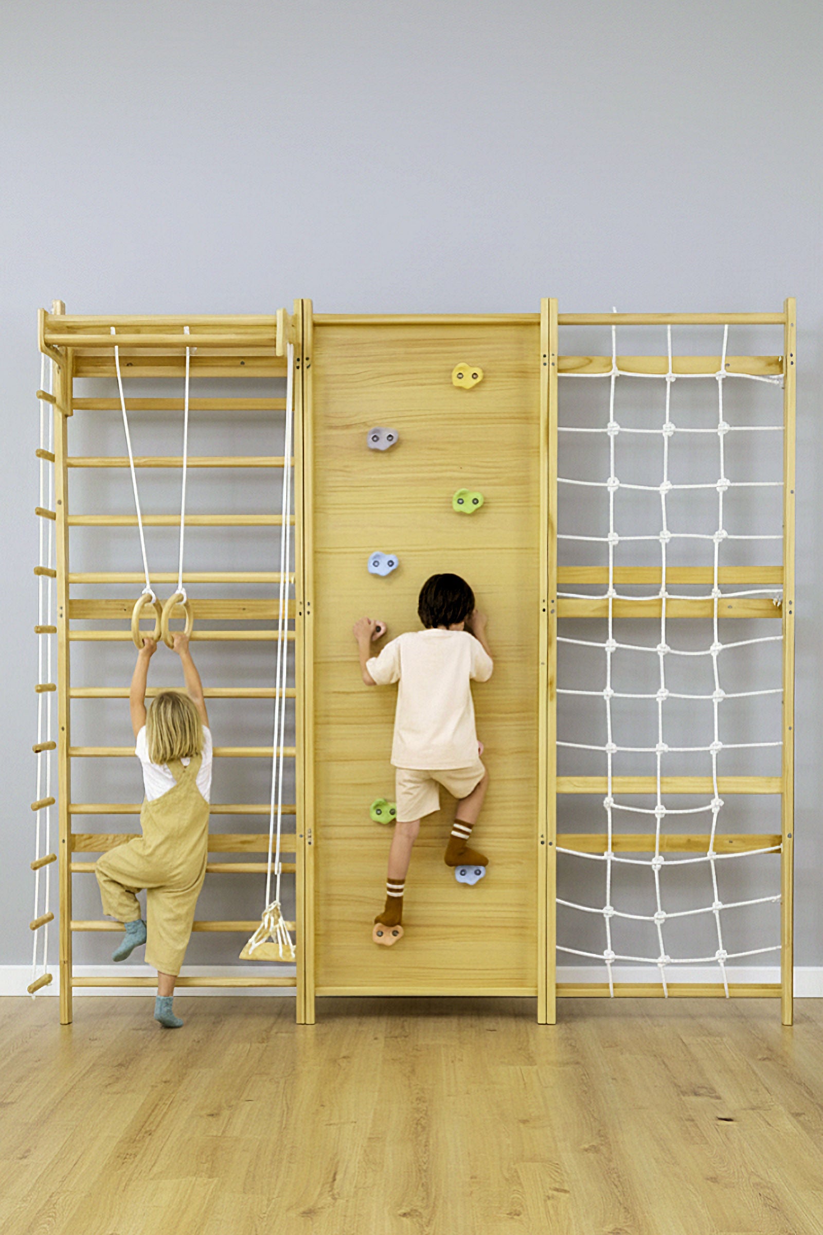 Walnut Modular Swedish Ladder Jungle Gym, Indoor, 95" Height, Wall Mounted