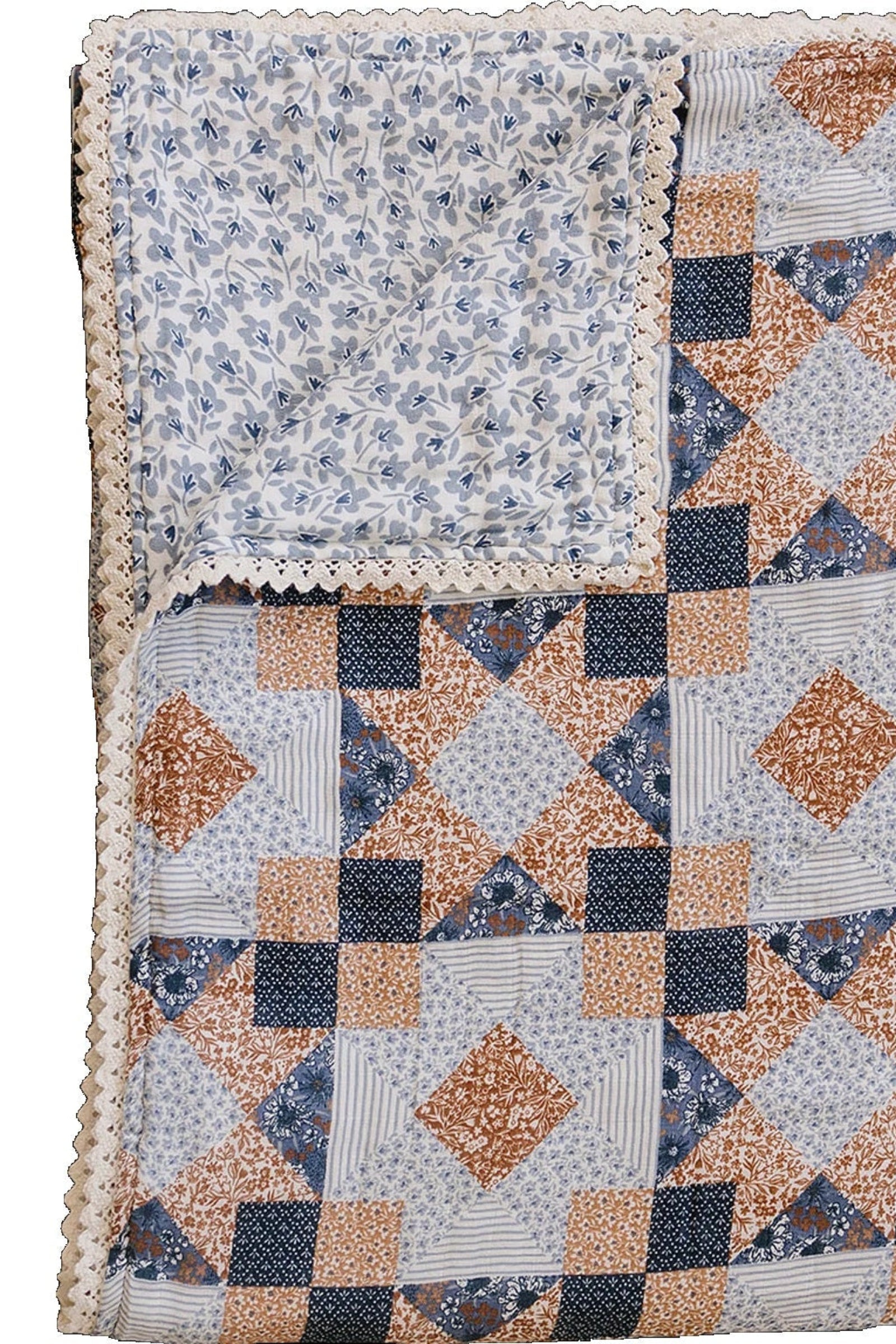 Mebie Baby, Patchwork Print + Blue Blossom Lace Twin Muslin Quilt, 100% Cotton