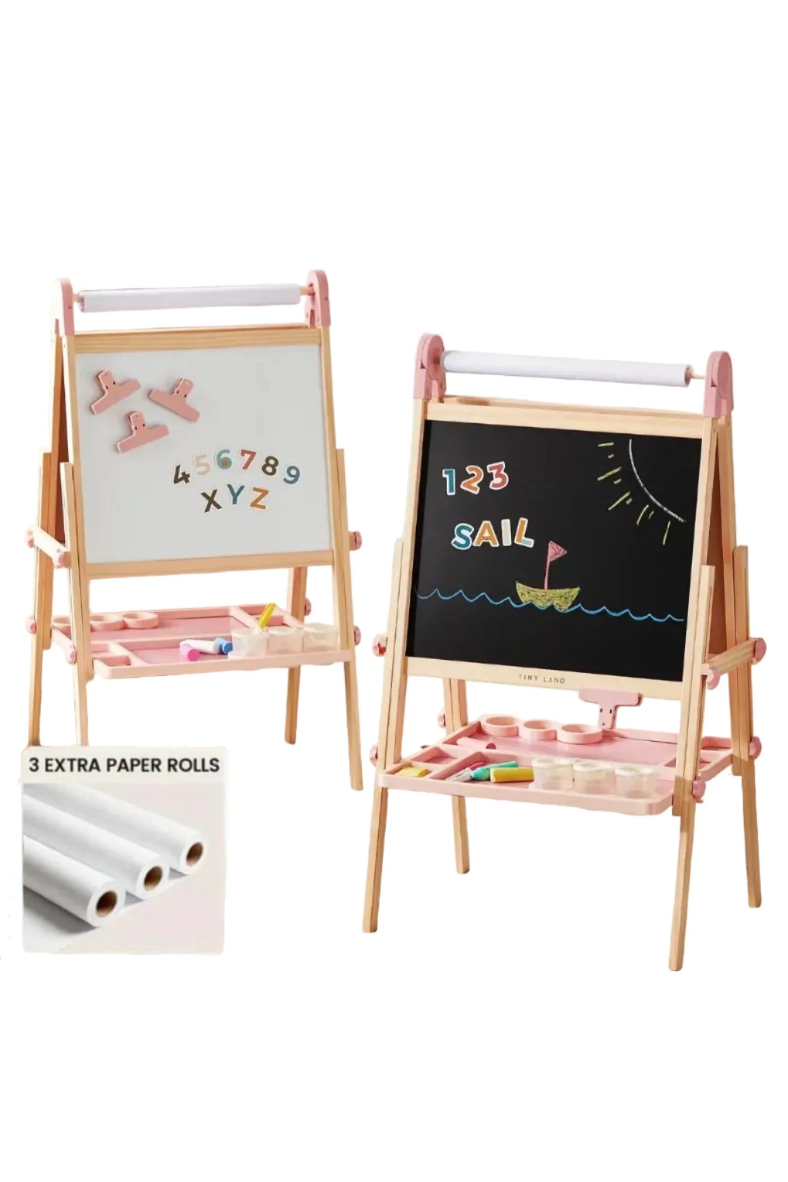 Pink Adjustable Art Easel for Kids, Magnetic Chalkboard, Whiteboard + 3 Paper Rolls