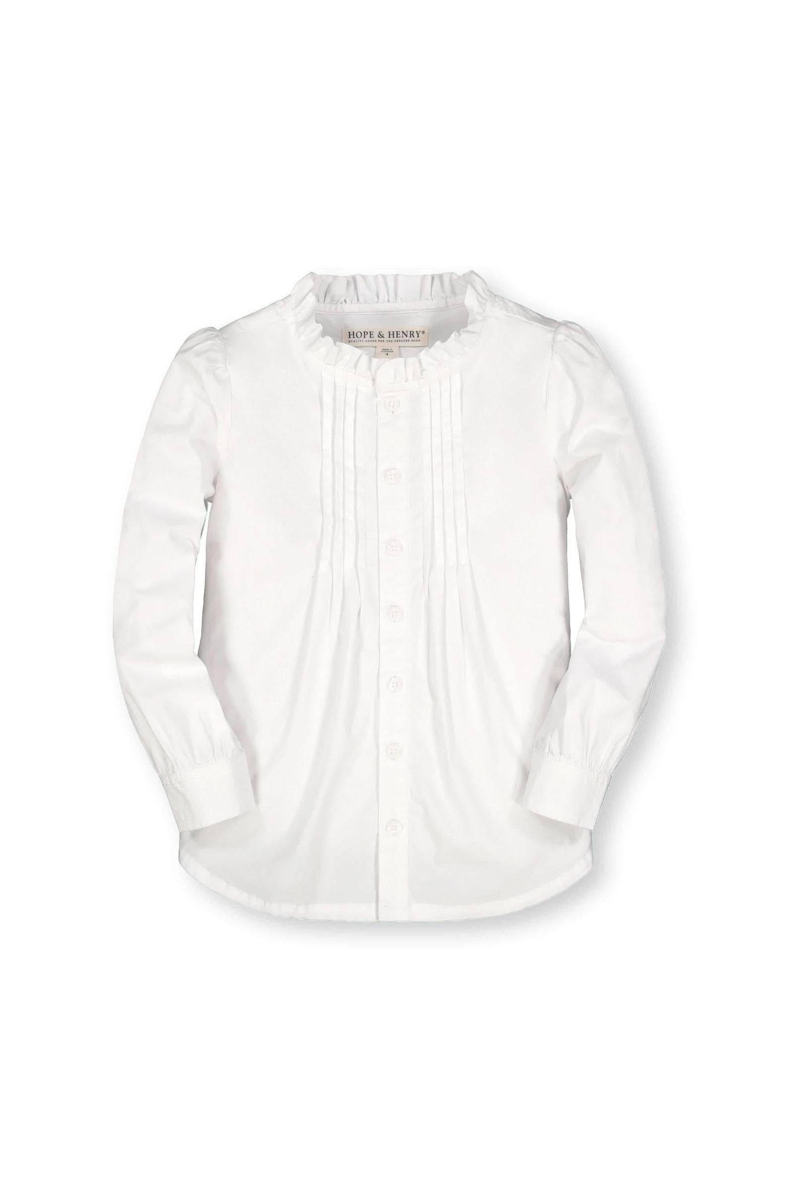 Organic Cotton Ruffle Neck Blouse with Pintucks for Baby Girls, White, Baby