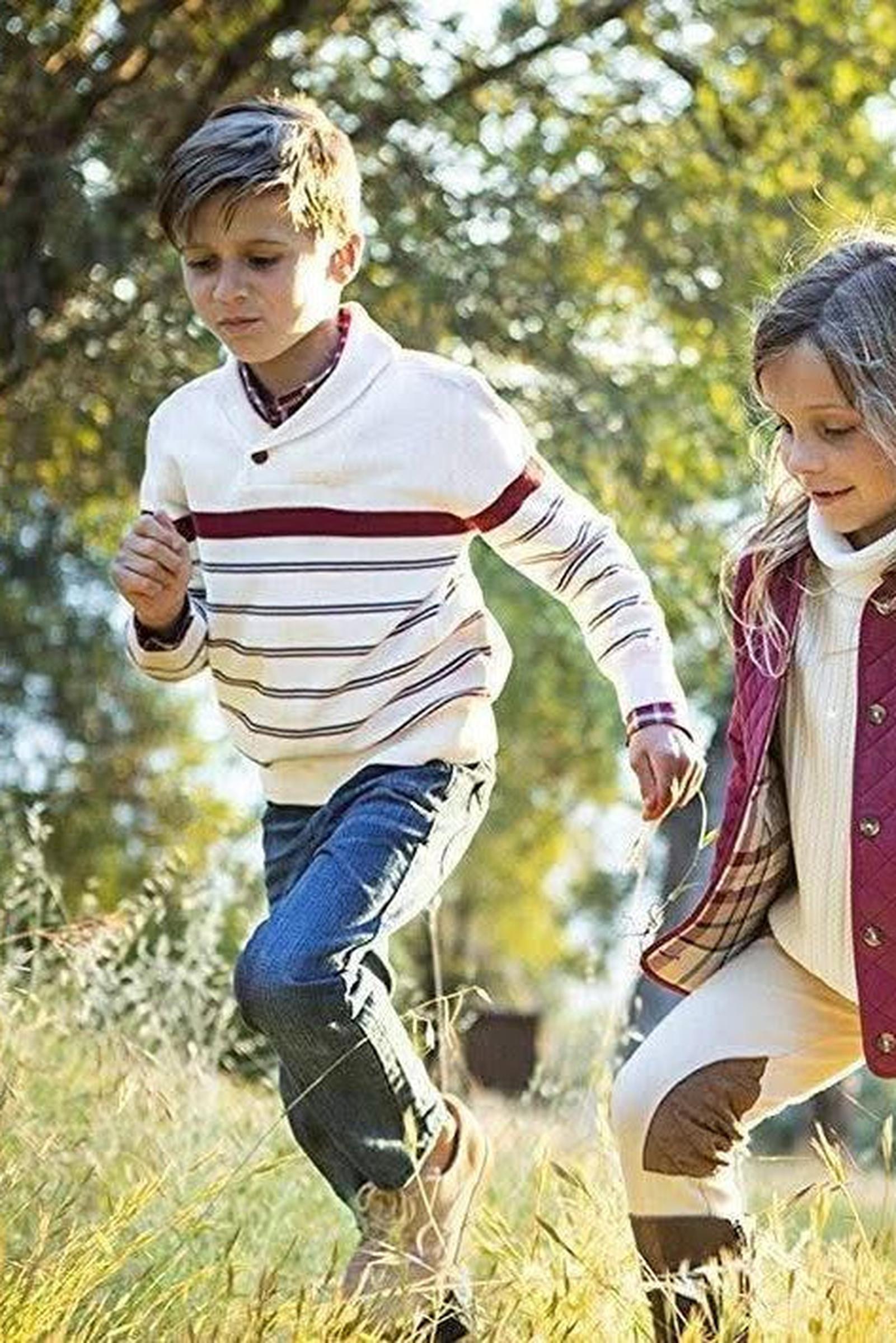 Organic Cotton Shawl Collar Sweater for Boys, Ivory Stripe, Sizes 2-16