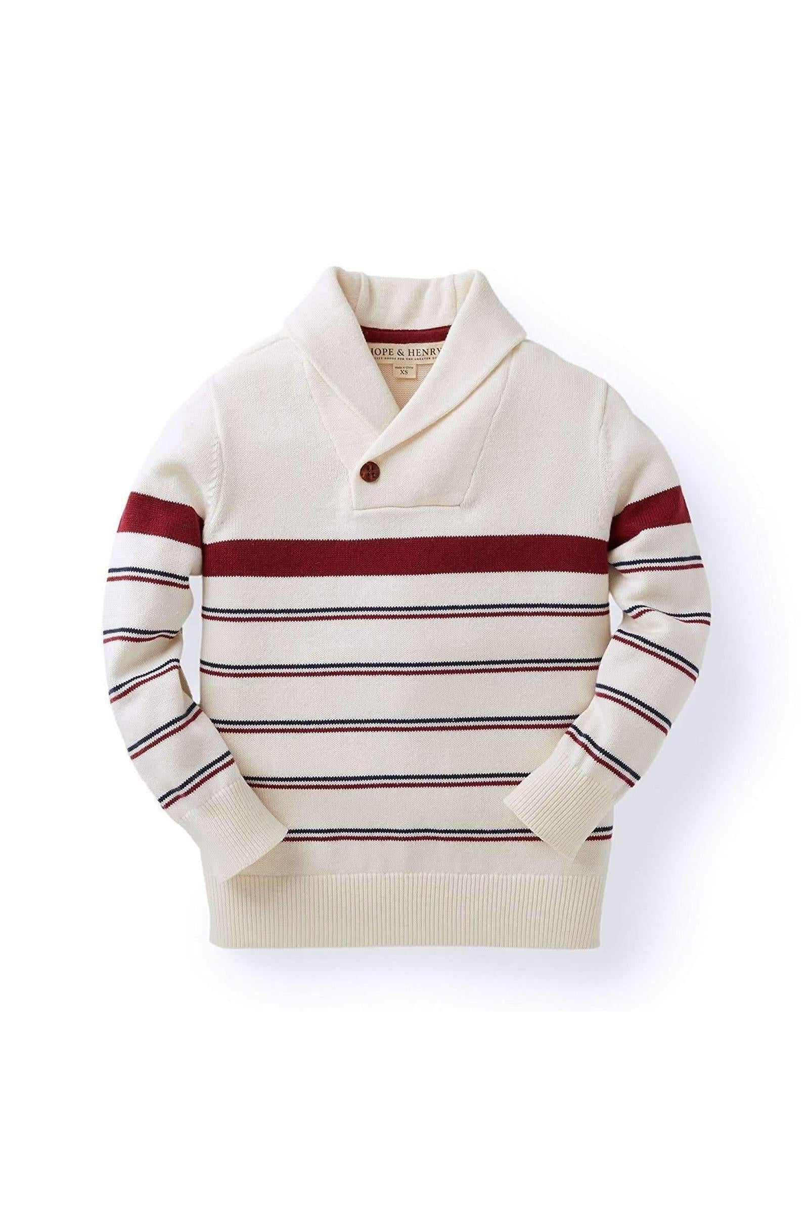 Organic Cotton Shawl Collar Sweater for Boys, Ivory Stripe, Sizes 2-16