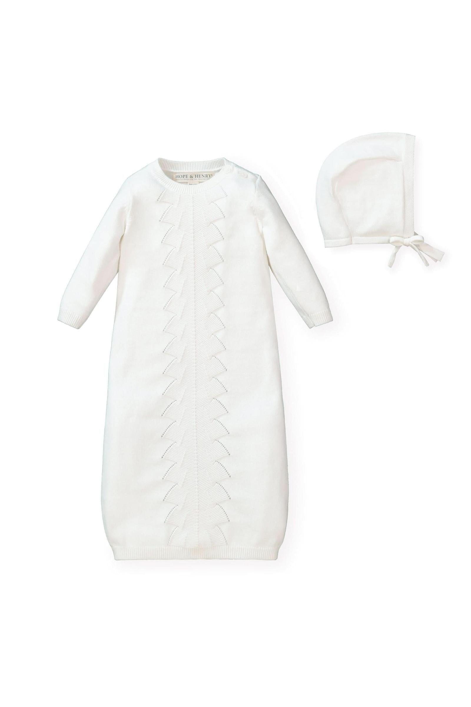 Organic Cotton Sweater Gown and Bonnet Set, Soft White, Newborn & Baby