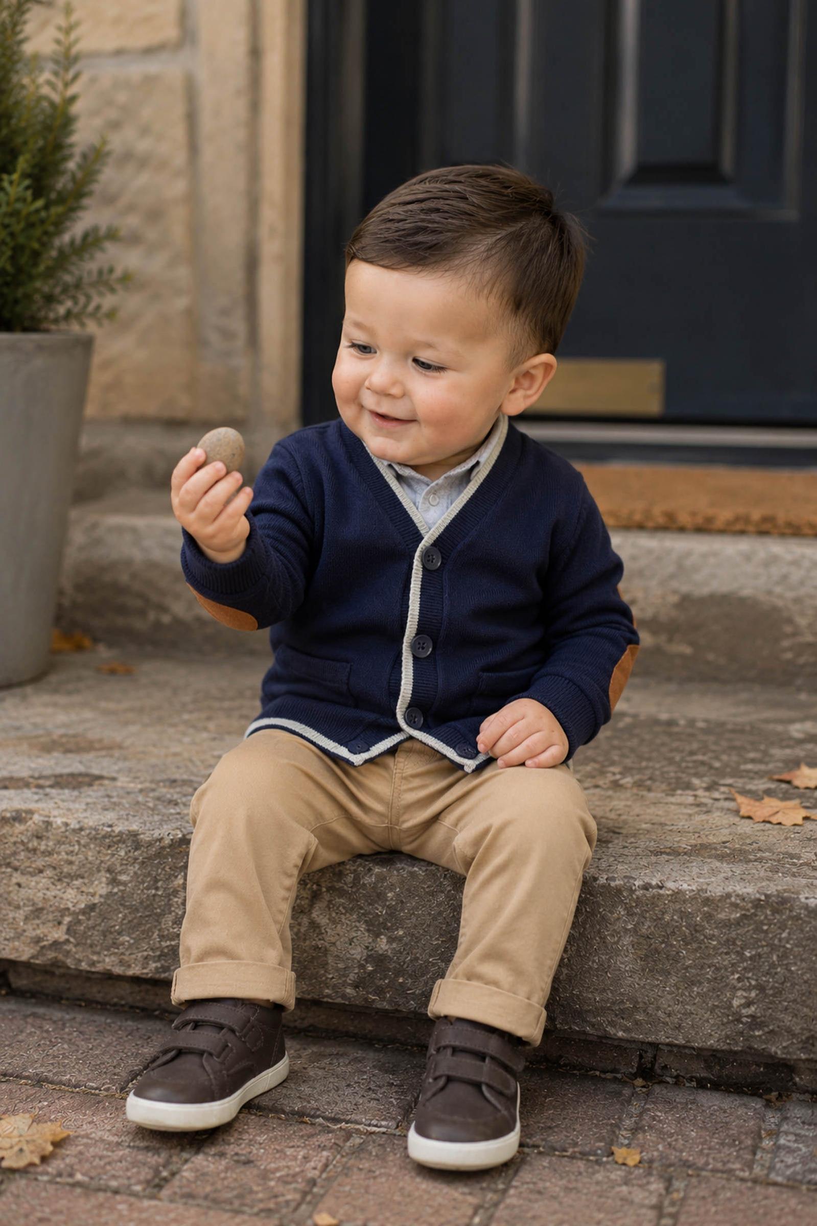 Tipped Organic Cotton Cardigan with Elbow Patches for Baby Boys, Navy