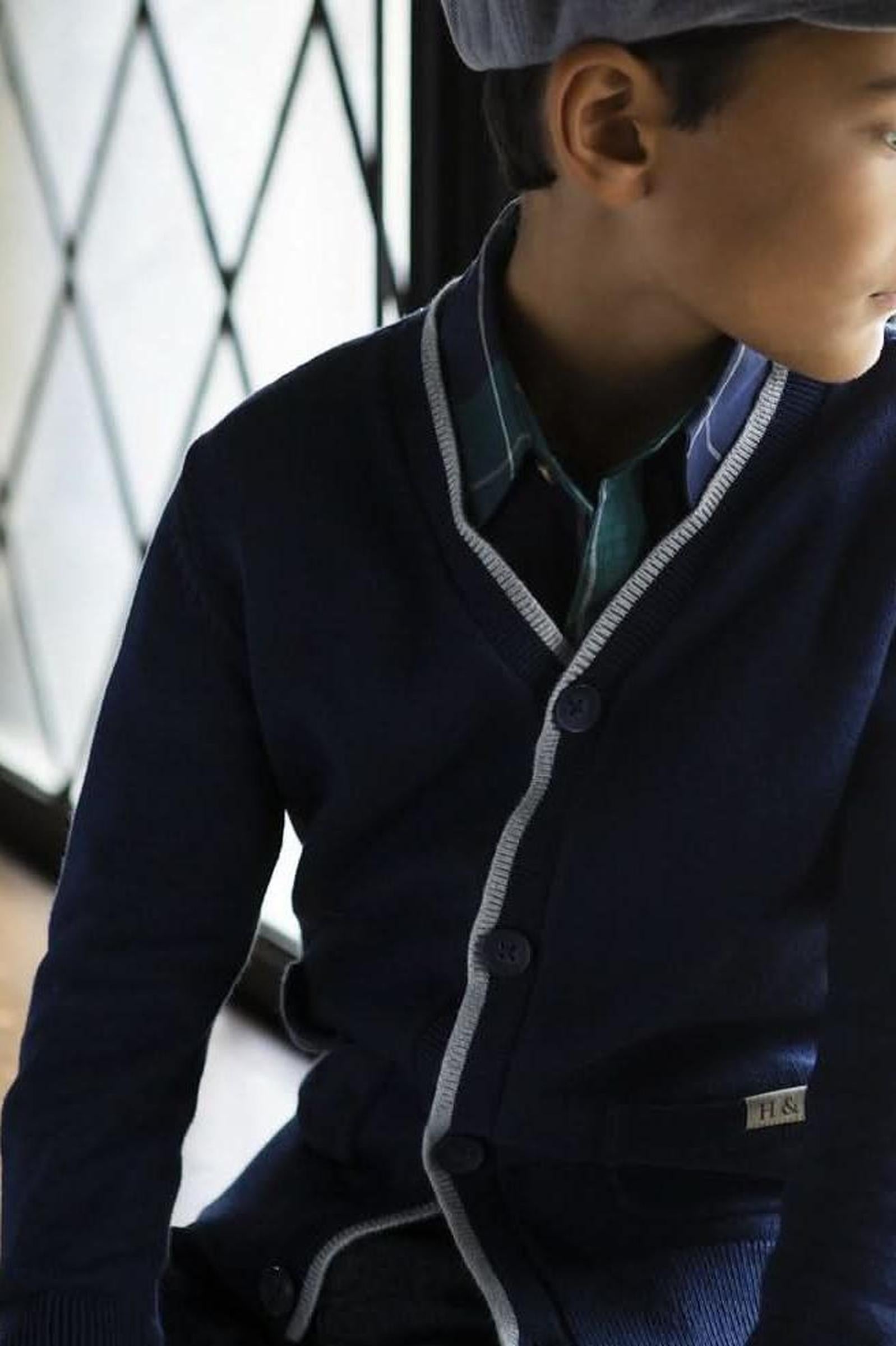 Tipped Organic Cotton Cardigan with Elbow Patches for Boys, Navy, Sizes 2T-14