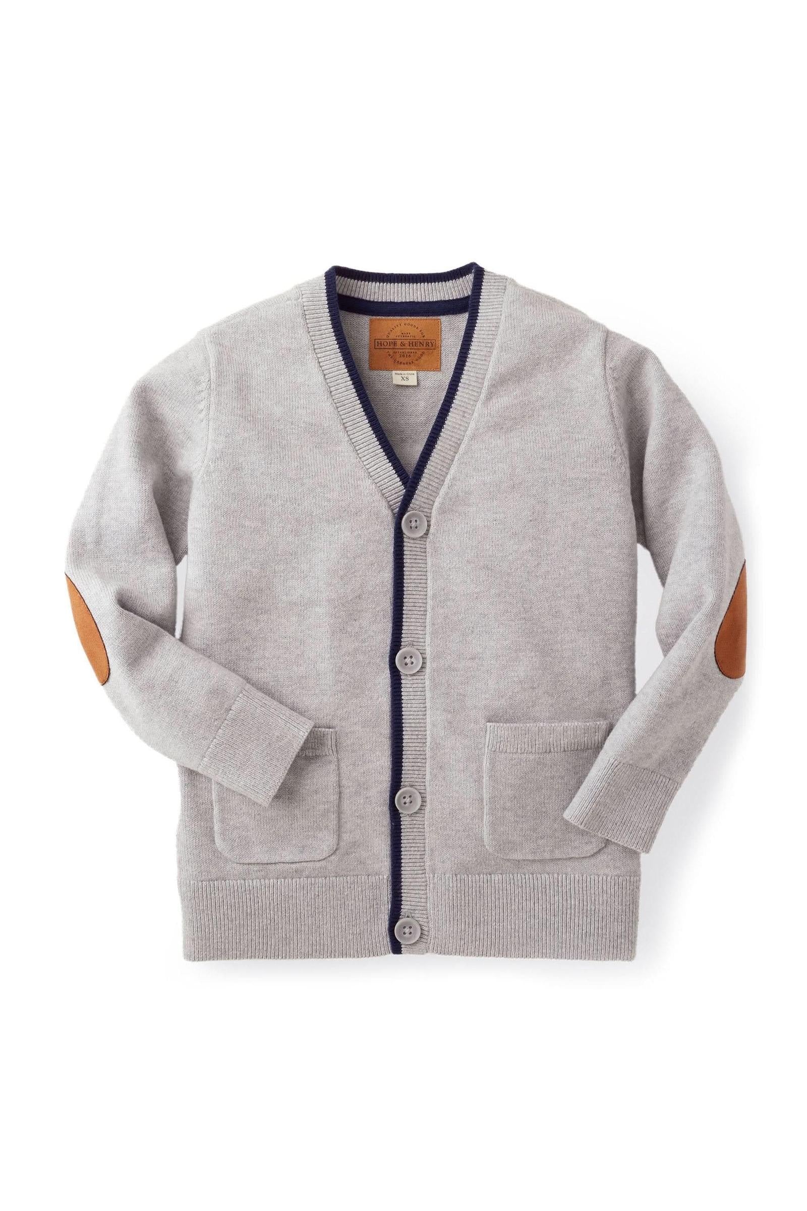 Organic Cotton Cardigan with Elbow Patches, Grey and Navy Tipped, Sizes 2-16