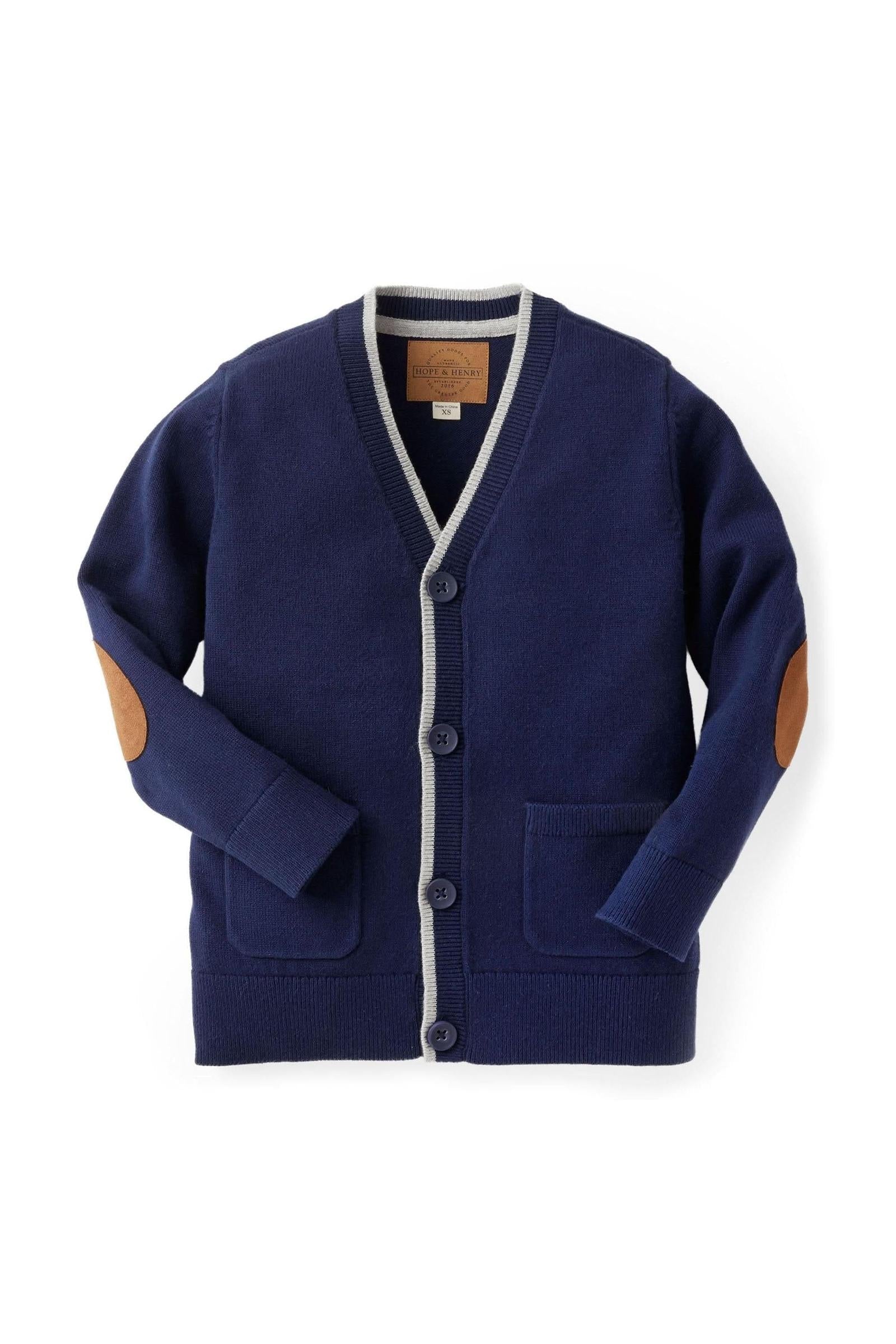 Tipped Organic Cotton Cardigan with Elbow Patches for Boys, Navy, Sizes 2T-14