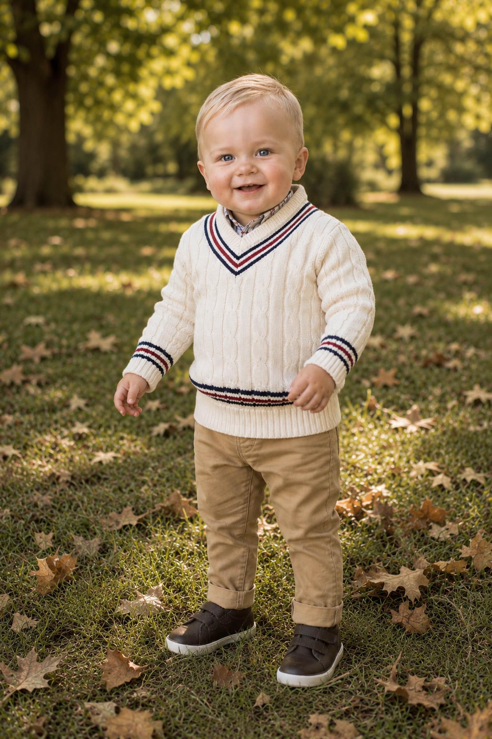 Organic Cotton V-Neck Cricket Sweater for Baby Boys, Ivory