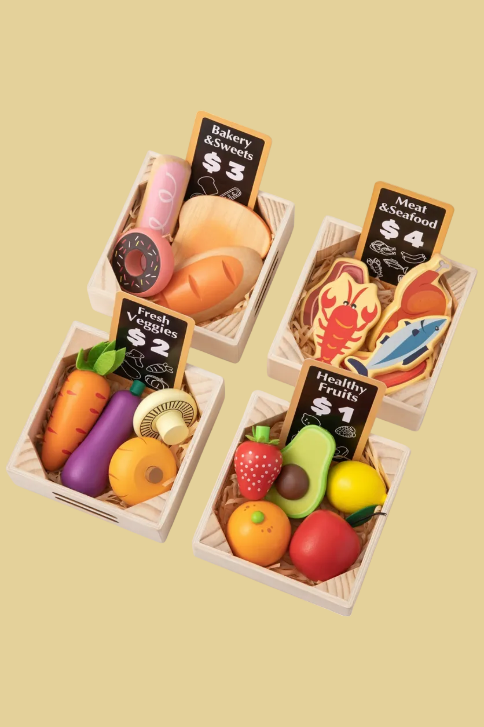Wooden Play Kitchen Food Set with Shopping Accessories for Kids
