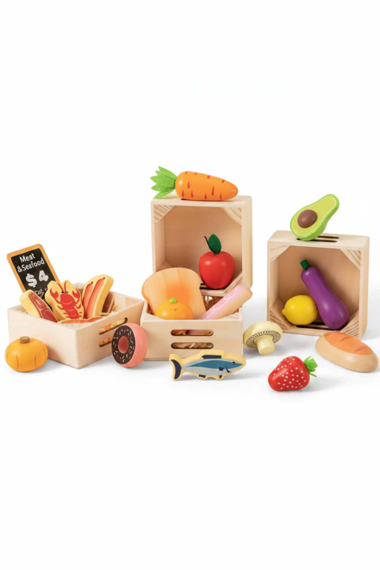 Wooden Play Kitchen Food Set with Shopping Accessories for Kids