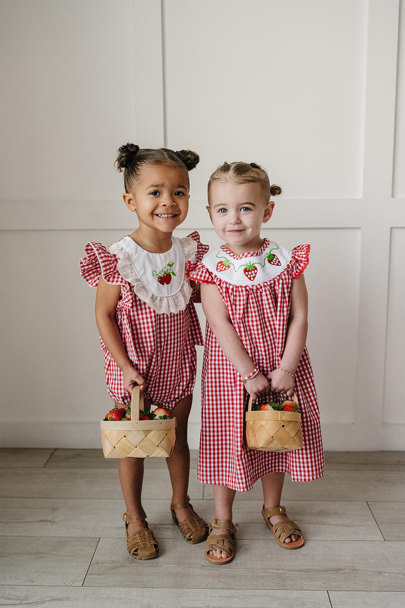 Gingham Strawberry Cotton Dress, Baby - Kids